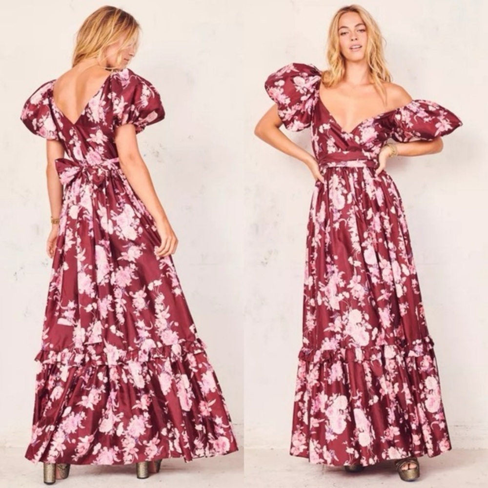 LoveShackFancy Ida Oxblood Floral Maxi Dress with Puff Sleeves